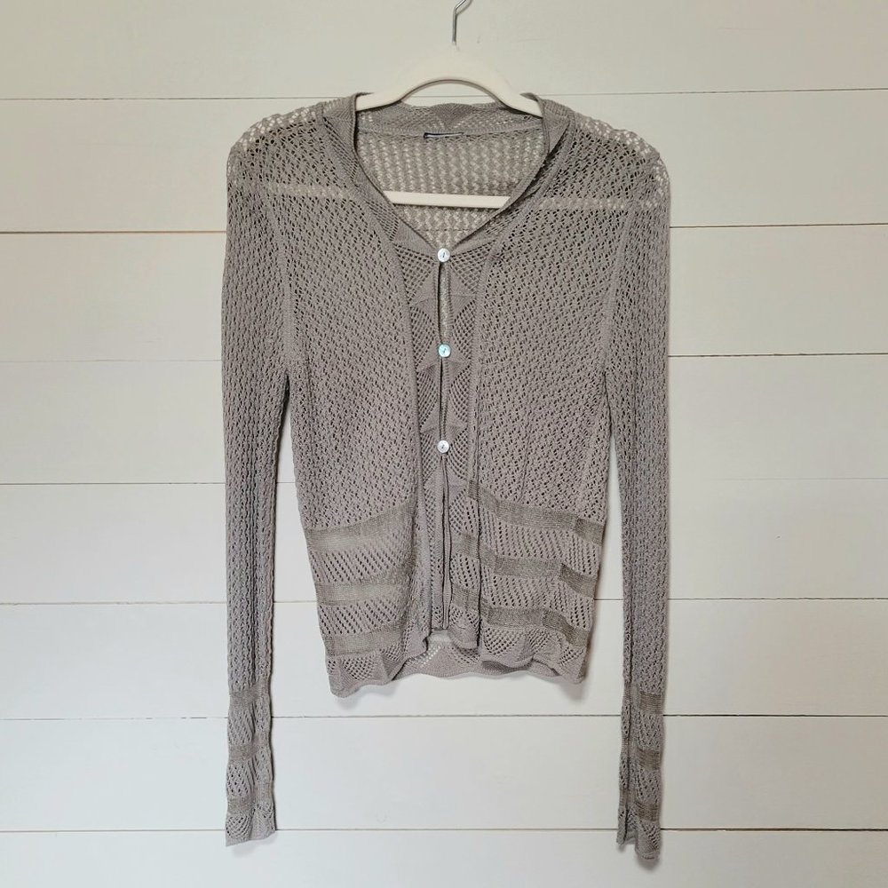 BODIL Taupe / Gray Crochet Cardigan Top, Knit, Vintage 1990s, Size Medium